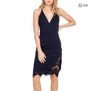 Astr Navy V-Neck Lace-Hem Midi Dress